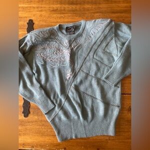 Vintage 70s 80s Suzelle Green beaded Embellished sweater Sz Medium M Rabbit hair